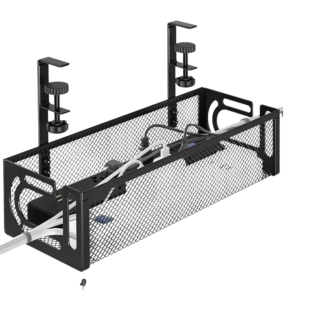 Under desk cable management tray black metal mesh with adjustable clamp arms and included accessories