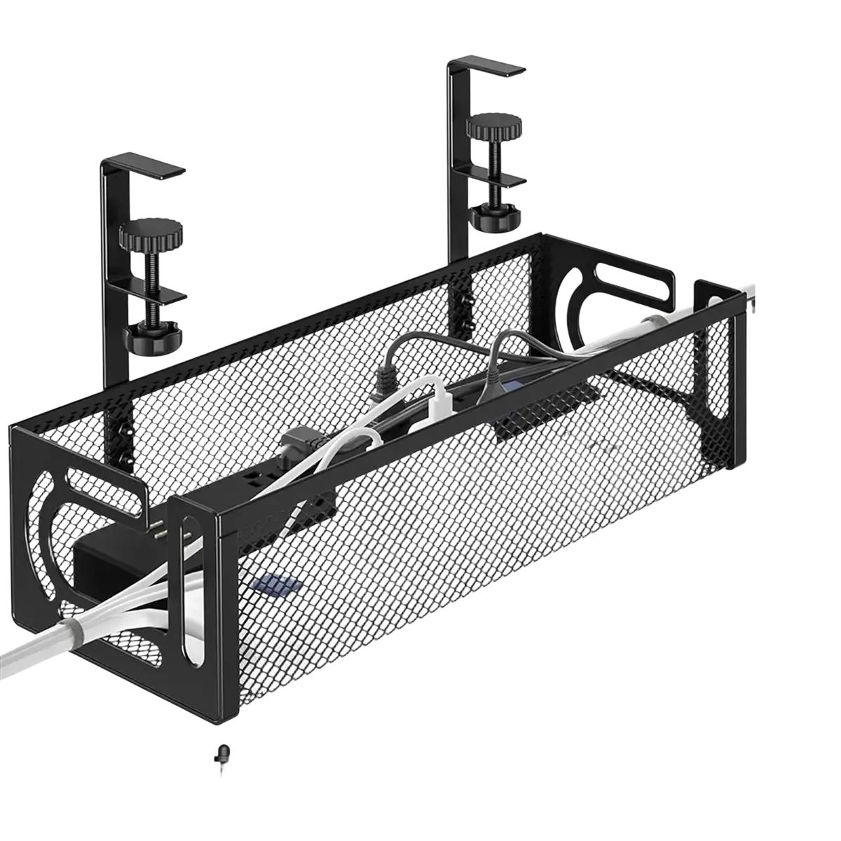 Under desk cable management tray black metal mesh with adjustable clamp arms and included accessories