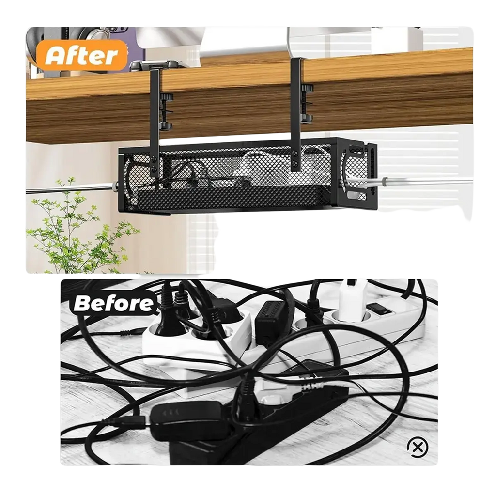 Under desk cable management tray black metal mesh organizer with clamp brackets for efficient cable organization