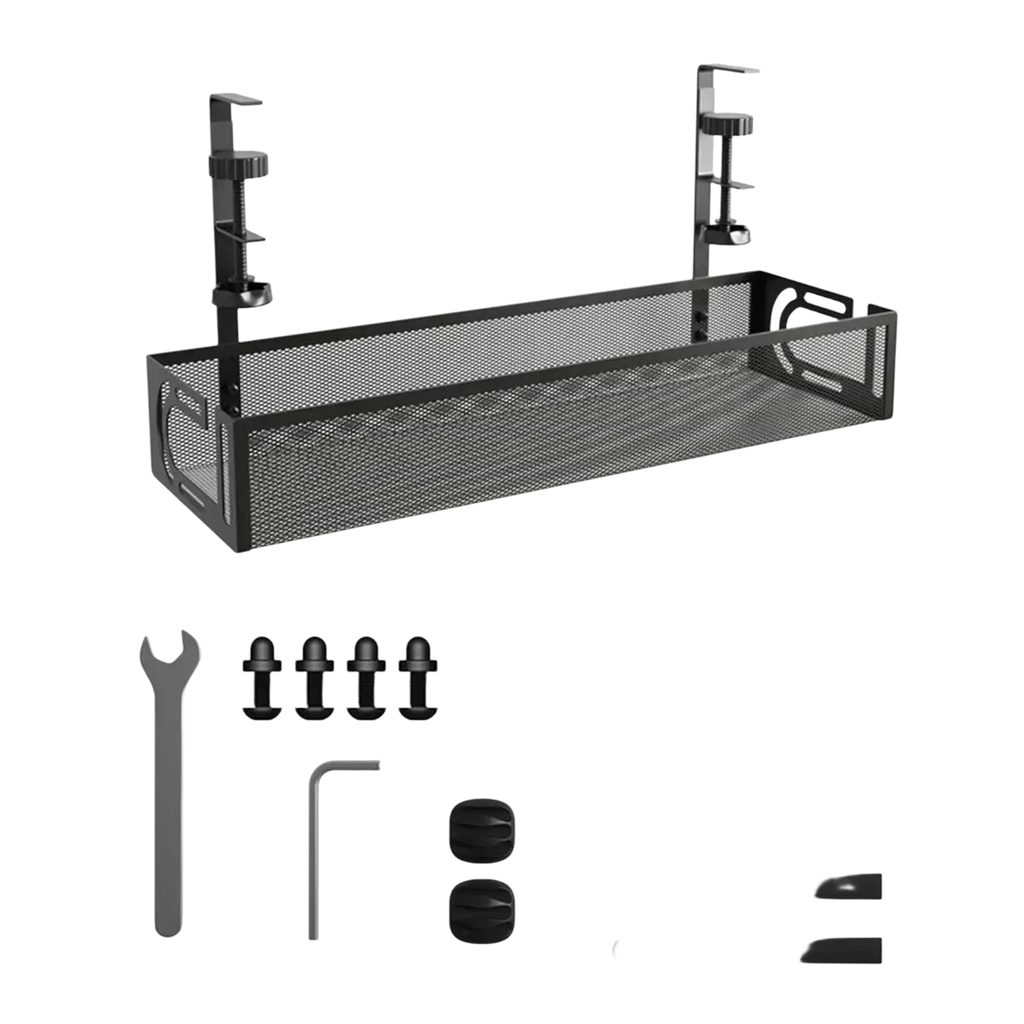 Under desk cable management tray black metal mesh organizer with adjustable clamp mounts for secure attachment