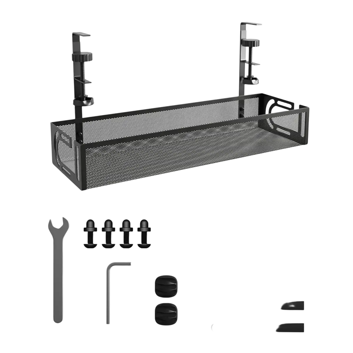 Under desk cable management tray black metal mesh organizer with adjustable clamp mounts for secure attachment