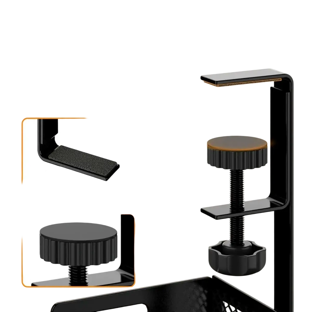 Black metal desk clamp with non-slip rubber pads for secure scratch-free attachment to under desk cable organizer