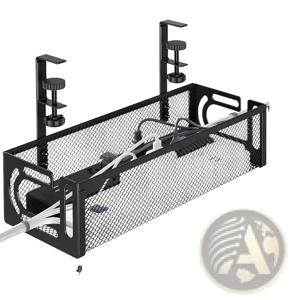Under desk cable management tray black metal mesh with adjustable clamp arms and included accessories