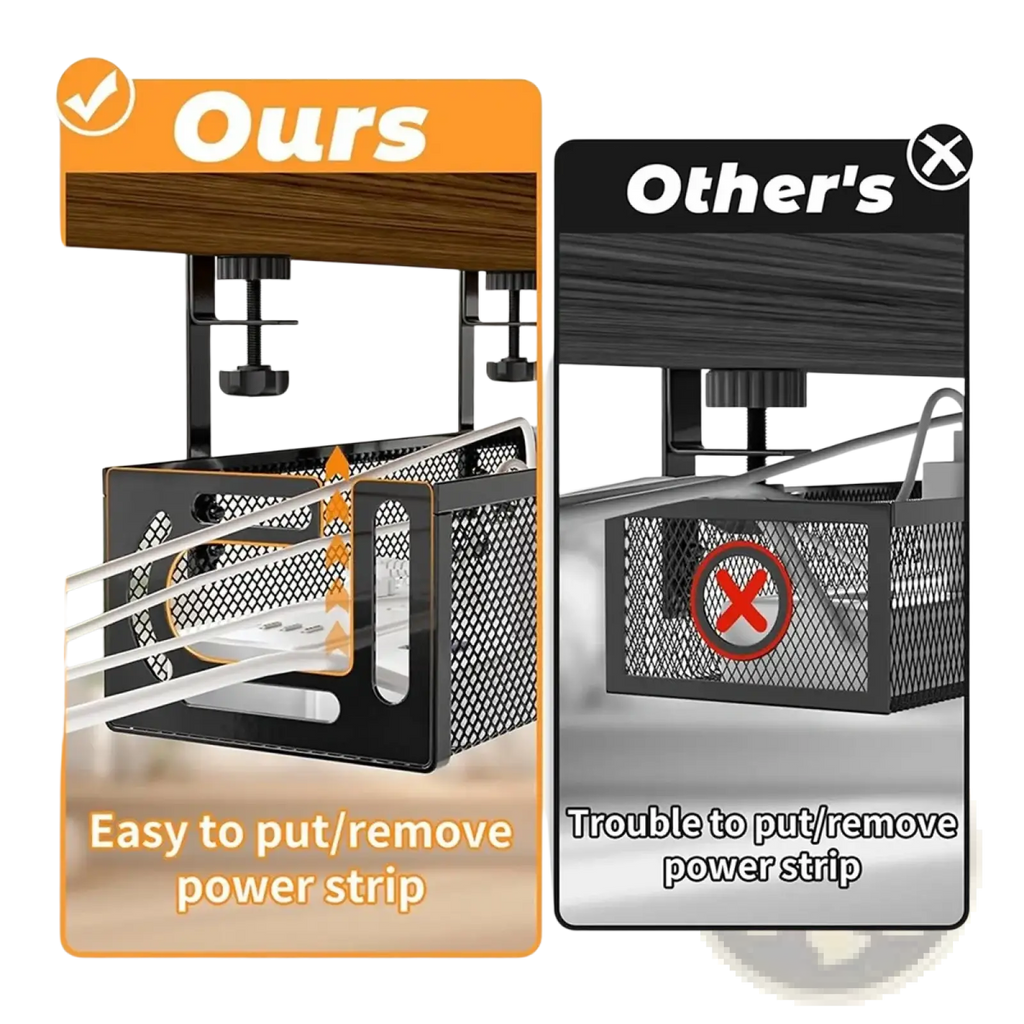 Black metal mesh under desk cable management tray with adjustable clamp for easy power strip attachment