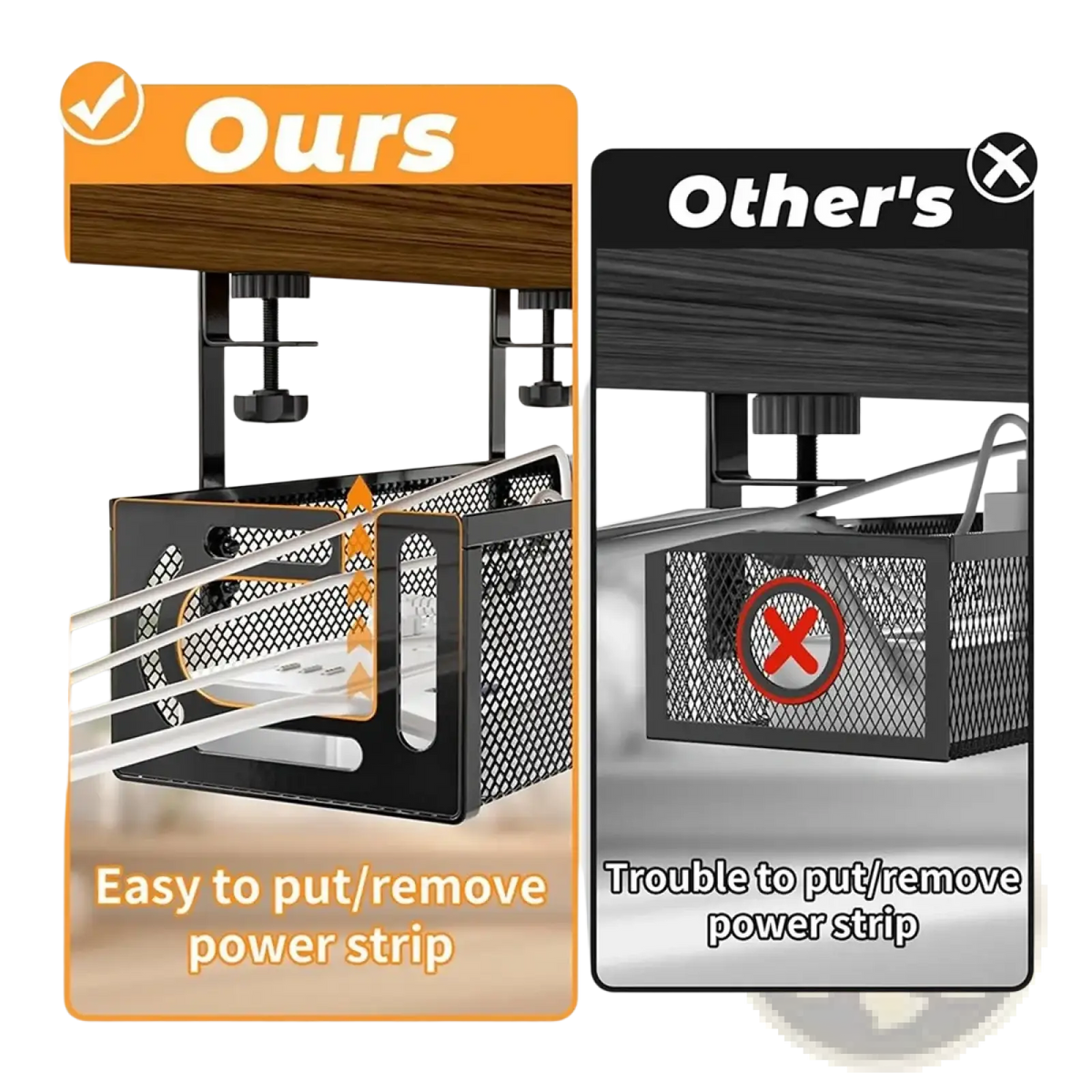 Black metal mesh under desk cable management tray with adjustable clamp for easy power strip attachment