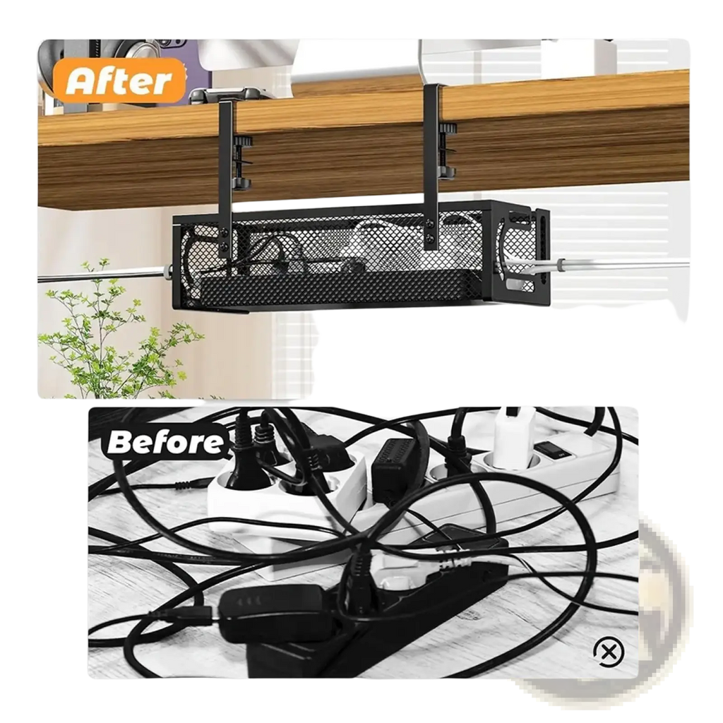 Under desk cable management tray black metal mesh organizer with clamp brackets for efficient cable organization