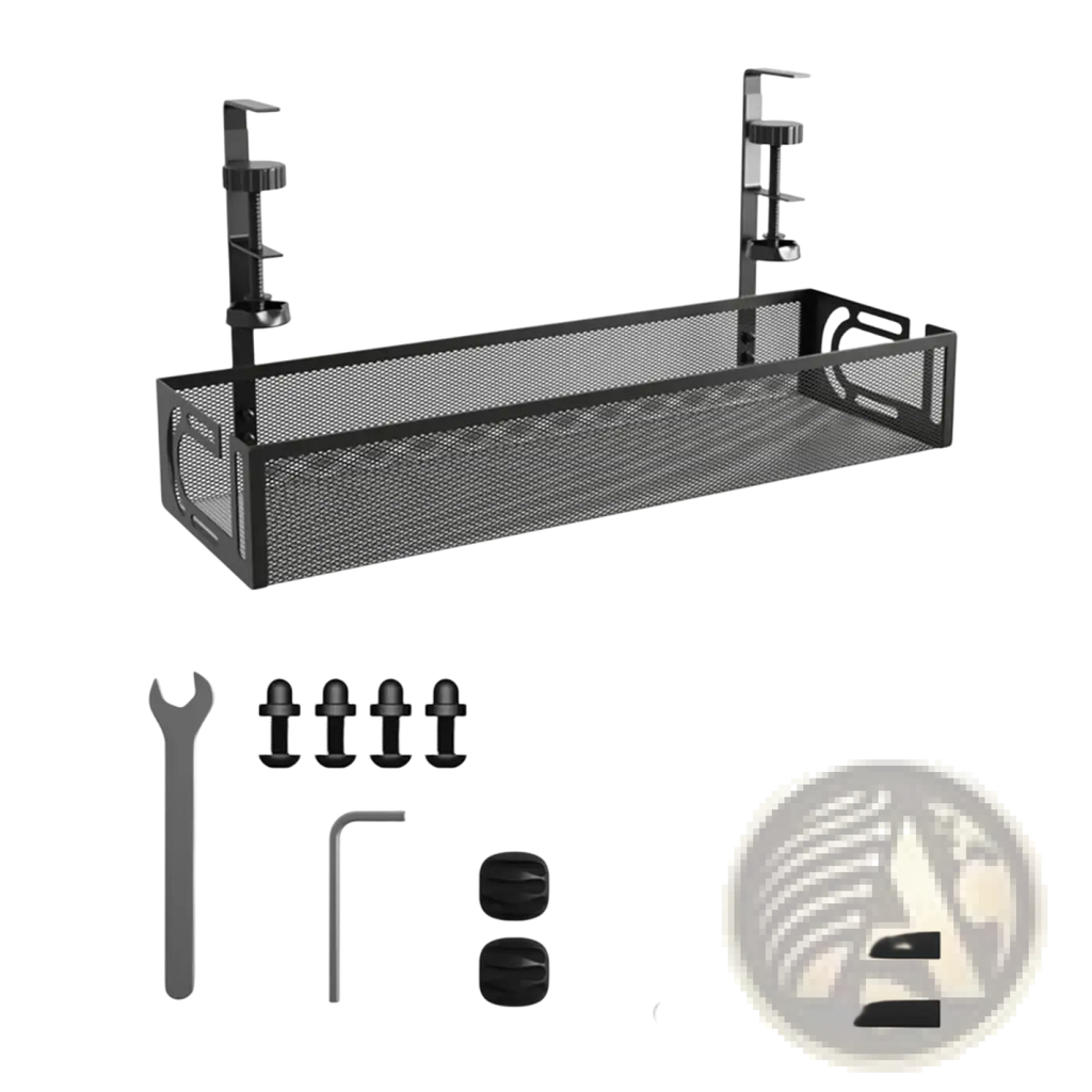 Under desk cable management tray black metal mesh organizer with adjustable clamp mounts for secure attachment