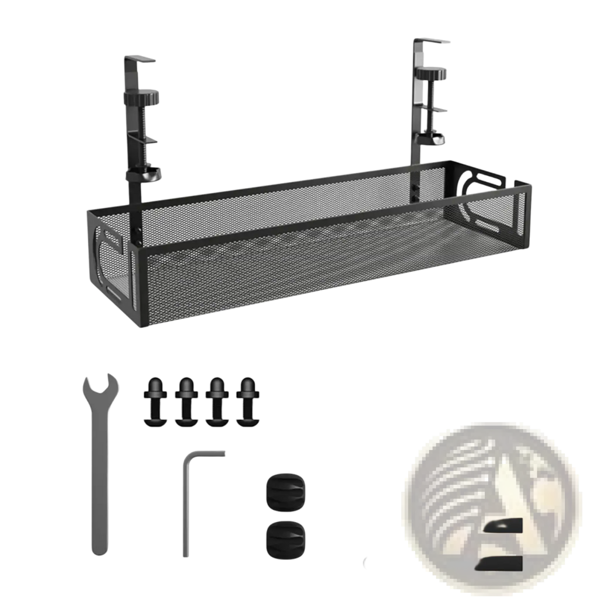 Under desk cable management tray black metal mesh organizer with adjustable clamp mounts for secure attachment