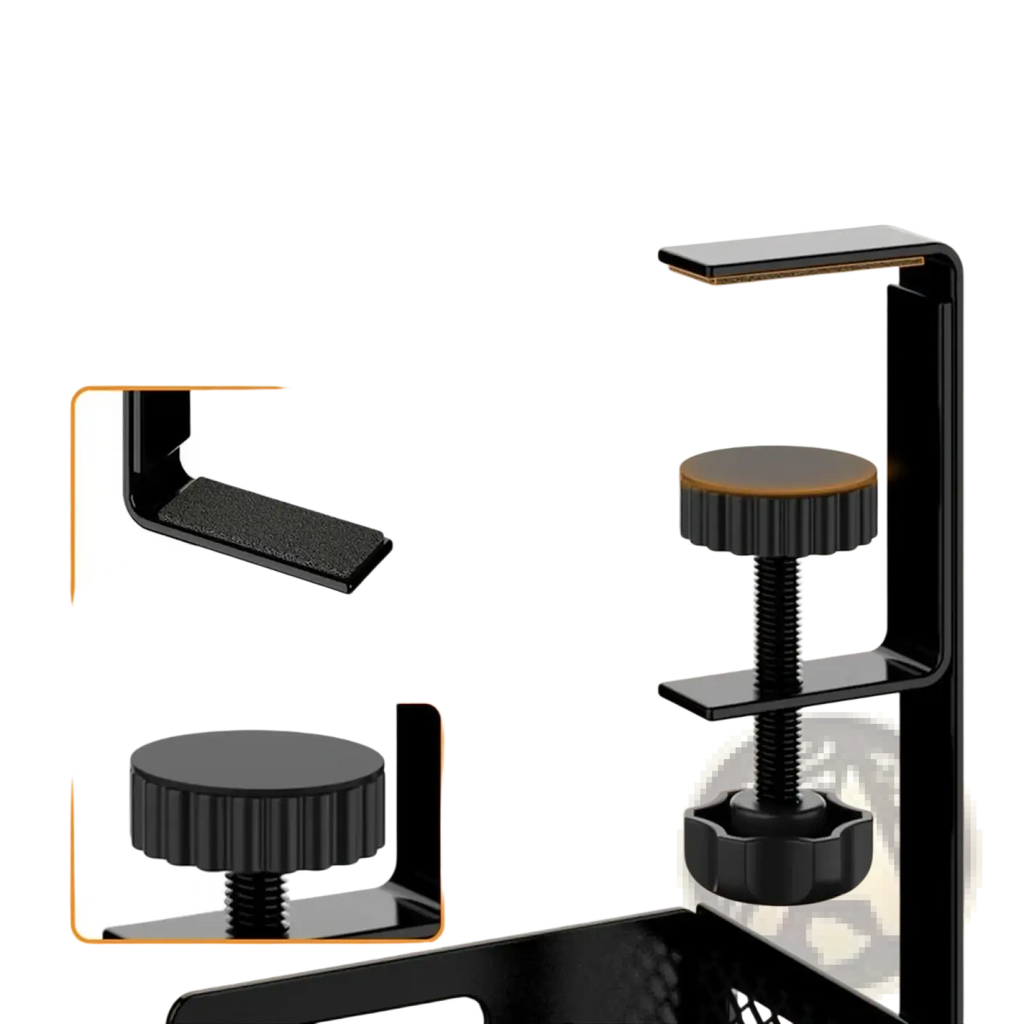Black metal desk clamp with non-slip rubber pads for secure scratch-free attachment to under desk cable organizer