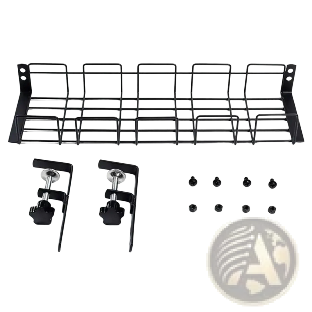 Under desk cable management tray metal wire rack in black with mounting brackets and screws for organized wiring