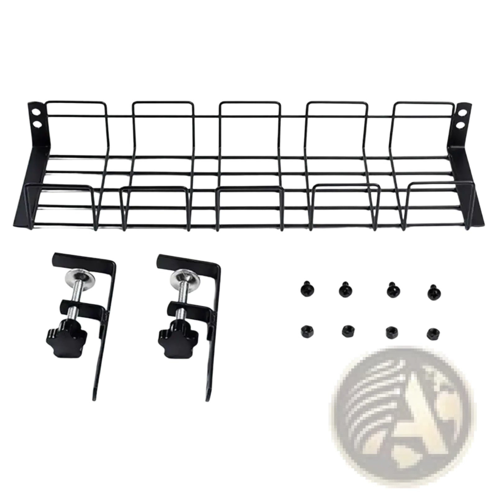 Under desk cable management tray metal wire rack in black with mounting brackets and screws for organized wiring