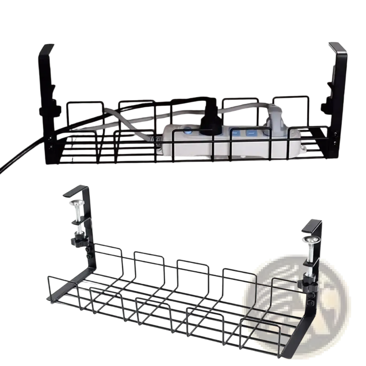 Black metal wire under desk cable management tray with adjustable clamps for organized cable storage
