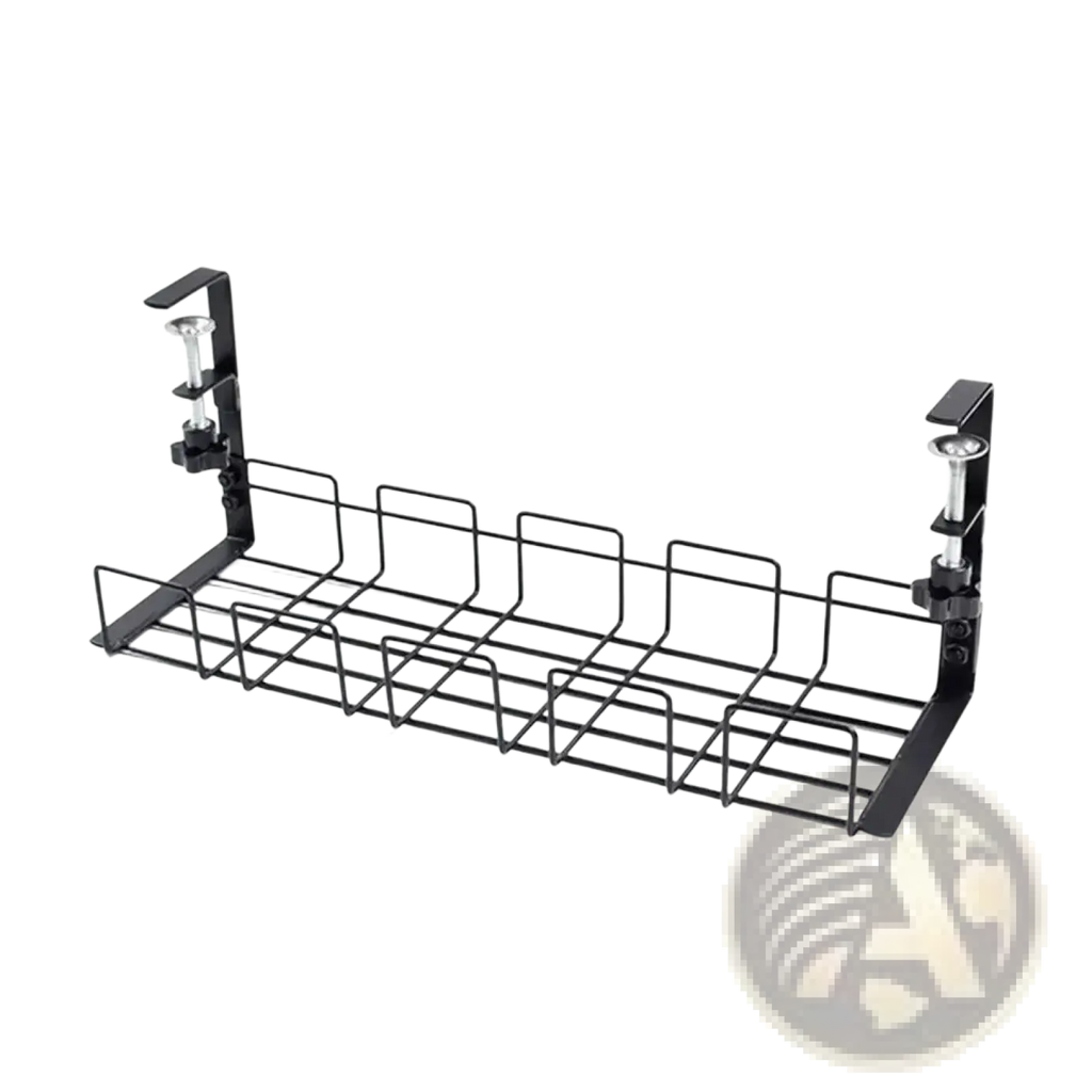 Under desk cable management tray metal wire rack in black with adjustable clamps for organized cable routing