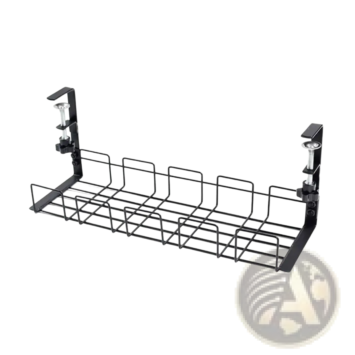 Under desk cable management tray metal wire rack in black with adjustable clamps for organized cable routing