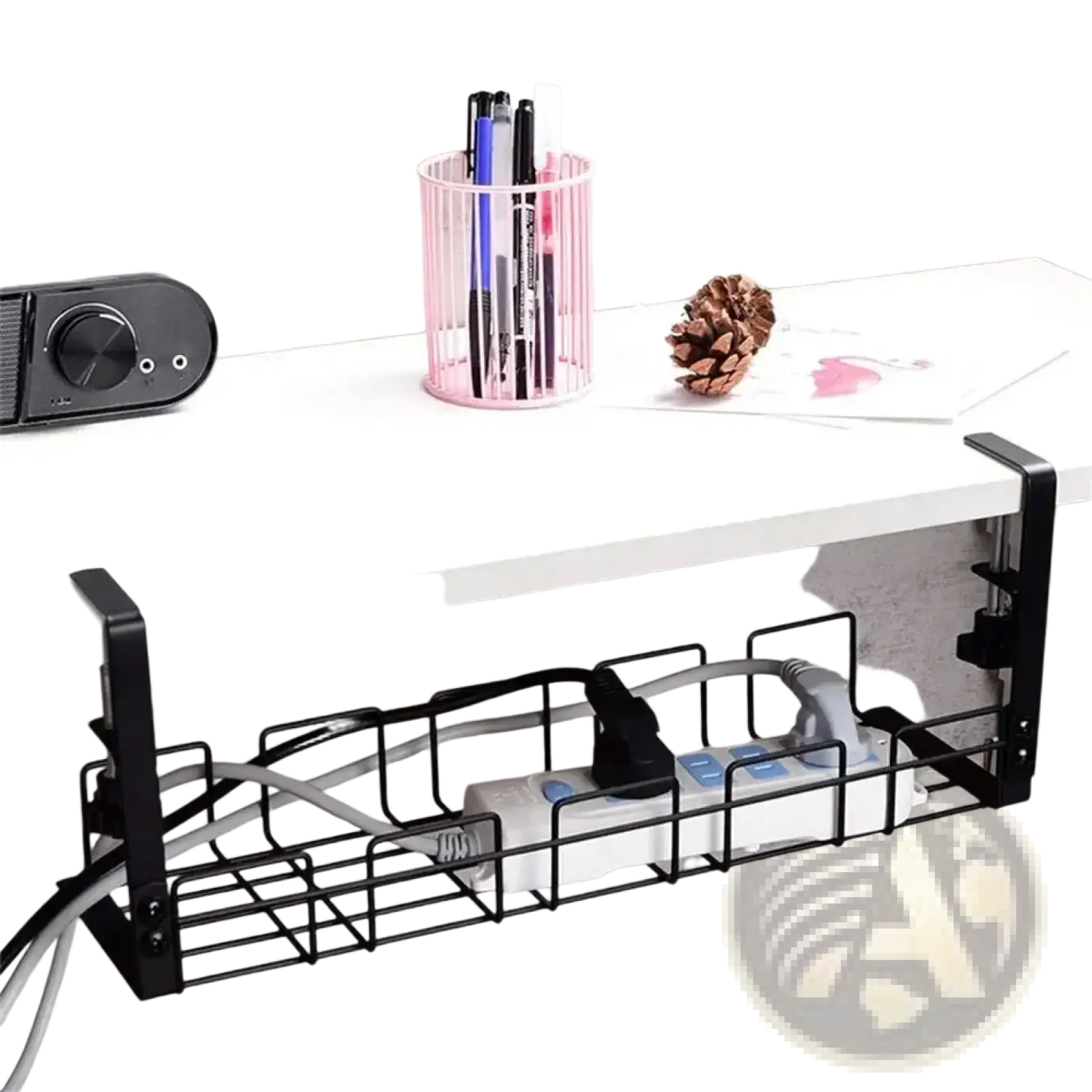 Black metal under desk cable management tray with adjustable clamps and grid design for wire organization