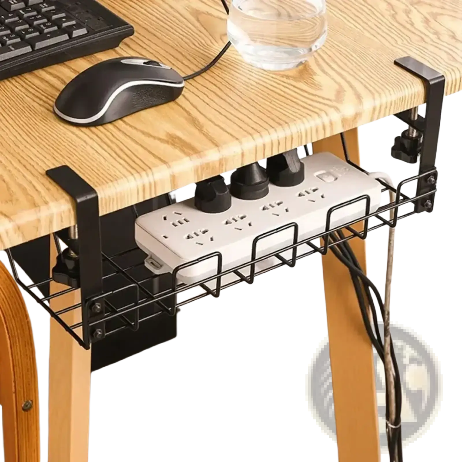 Black metal desk caddy holding a white power strip for under desk cable management and wire organization