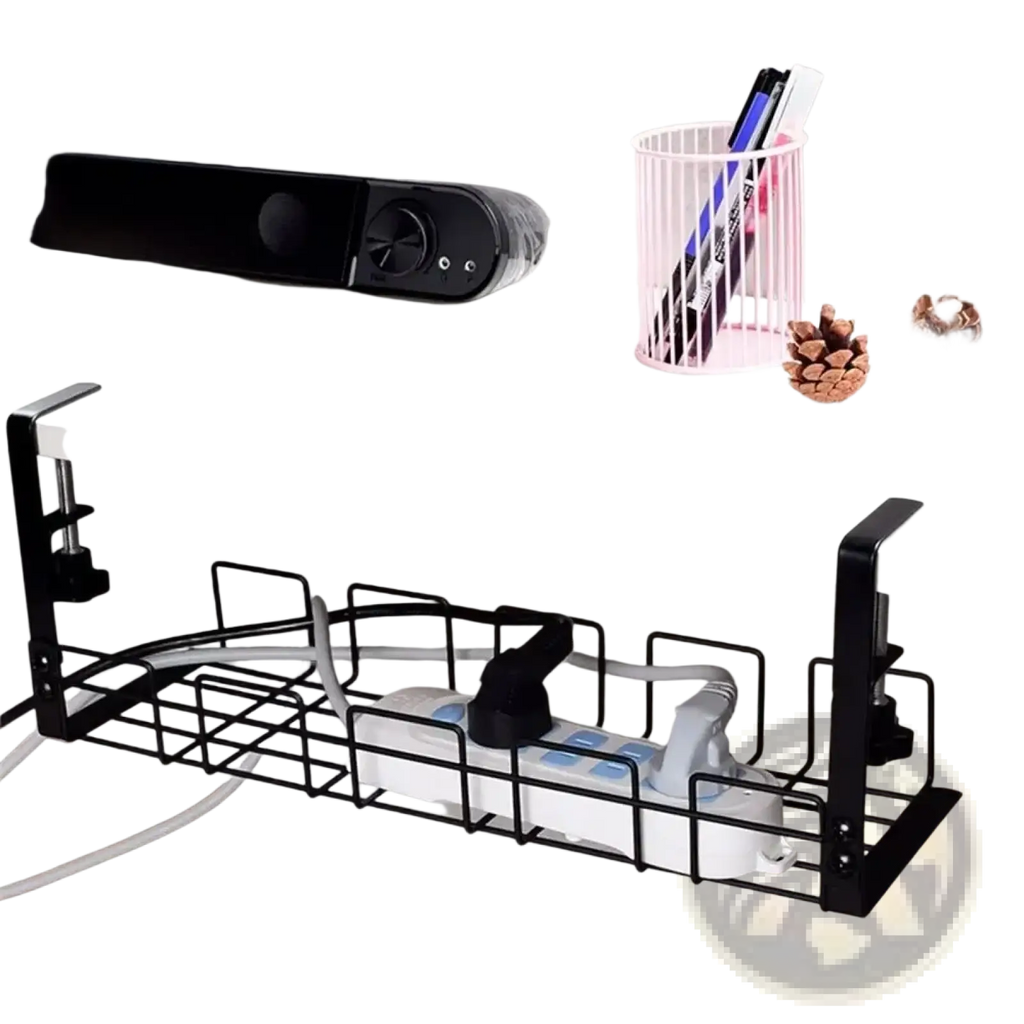 Black metal under desk cable management tray with grid design and adjustable clamps for wire organization