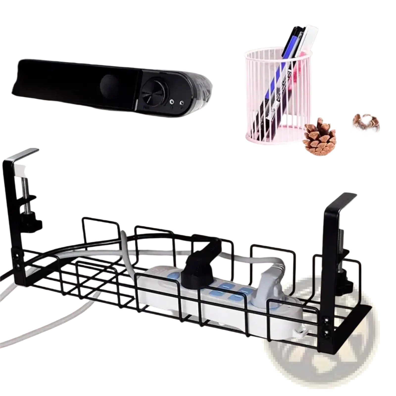 Black metal under desk cable management tray with grid design and adjustable clamps for wire organization