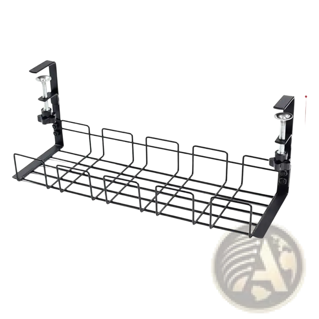 Black metal wire under desk cable management tray with adjustable clamps for mounting under cabinets