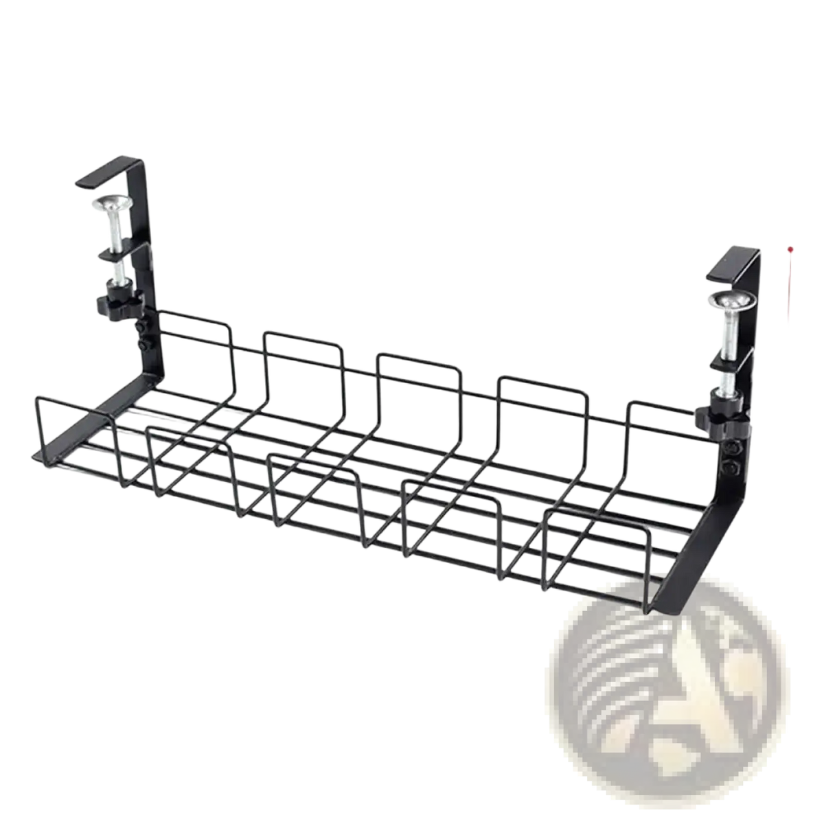 Black metal wire under desk cable management tray with adjustable clamps for mounting under cabinets