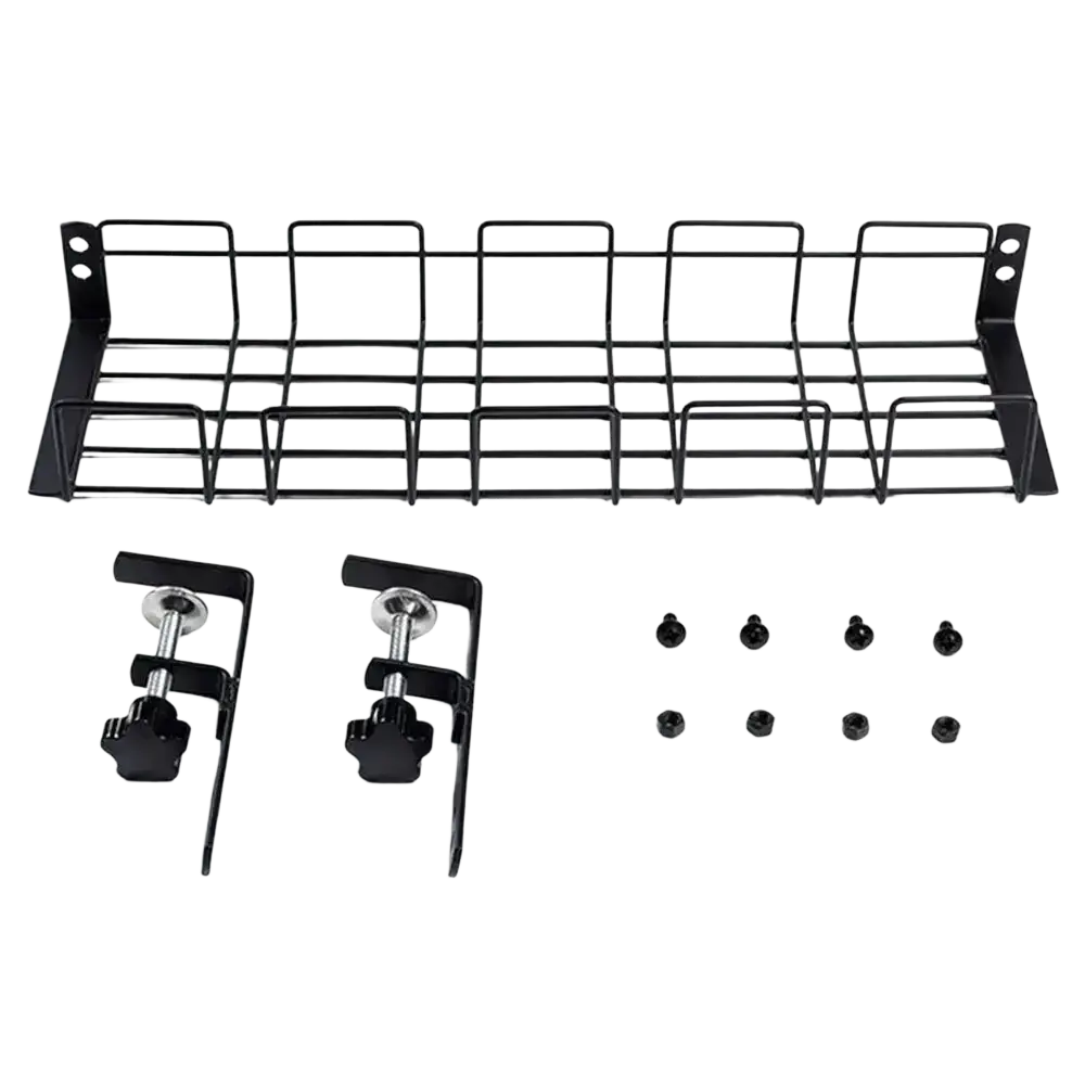 Under desk cable management tray metal wire rack in black with mounting brackets and screws for organized wiring