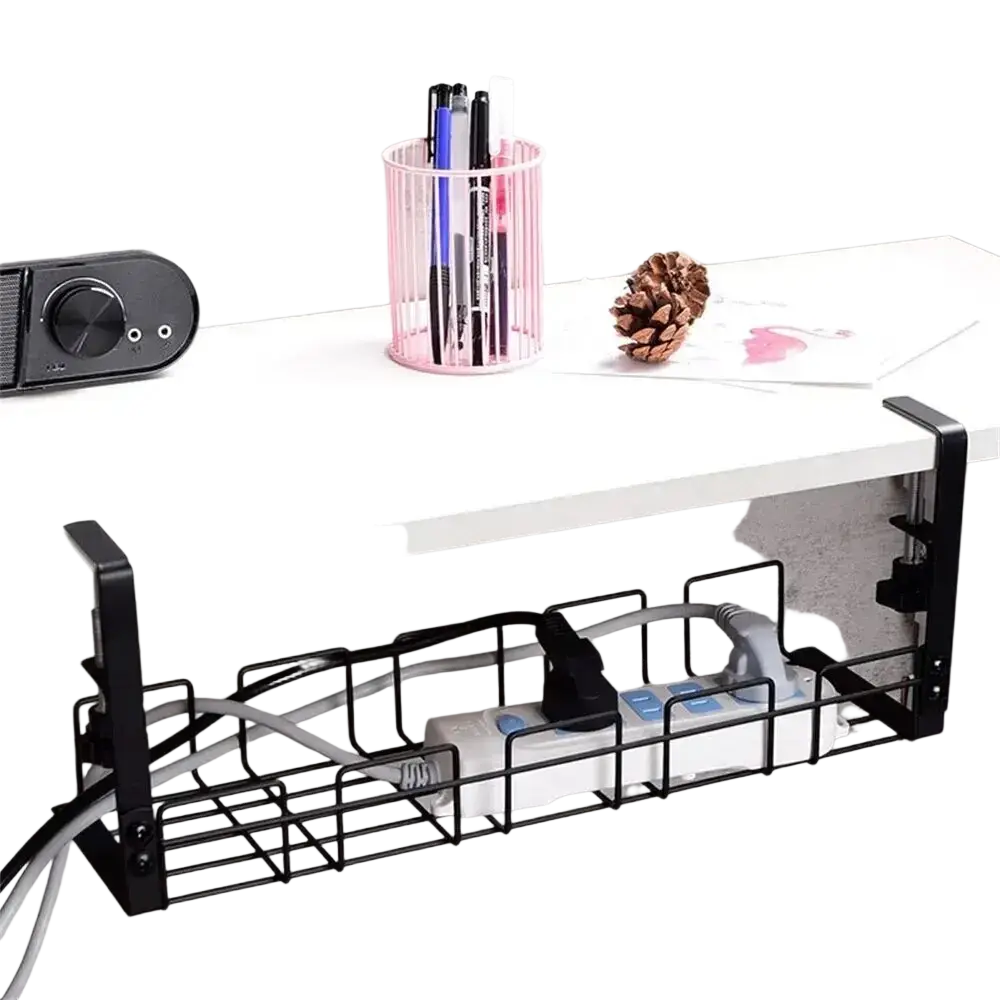 Black metal under desk cable management tray with adjustable clamps and grid design for wire organization
