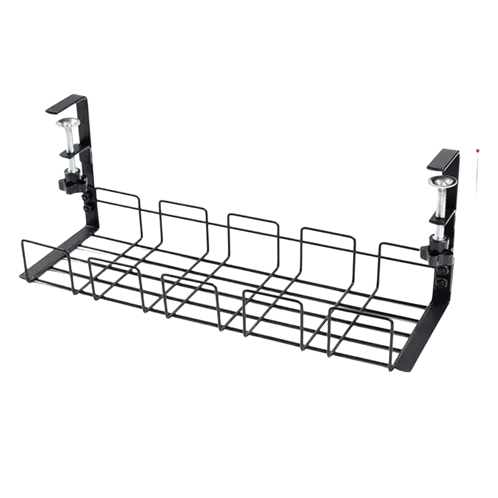 Black metal wire under desk cable management tray with adjustable clamps for mounting under cabinets