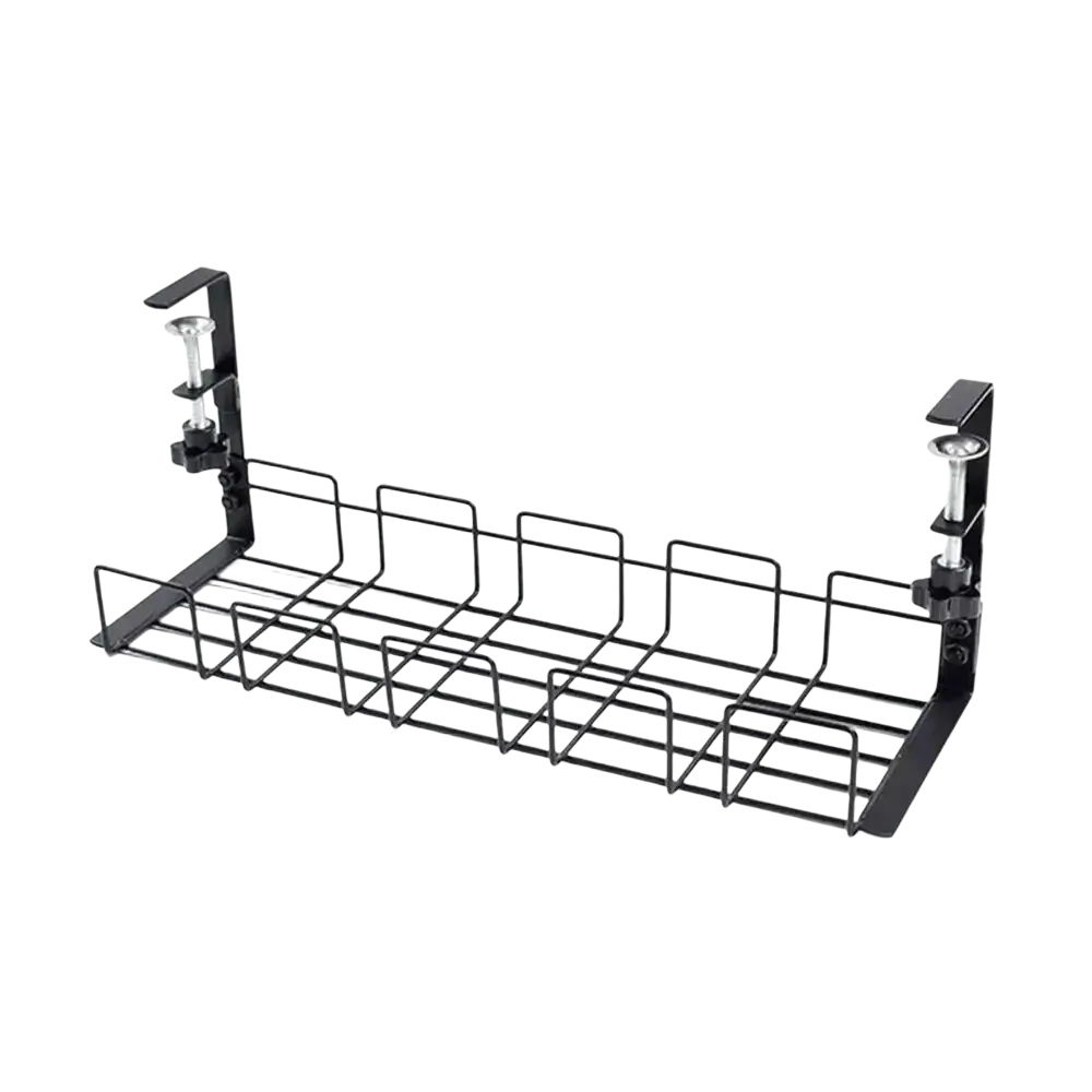 Under desk cable management tray metal wire rack in black with adjustable clamps for organized cable routing