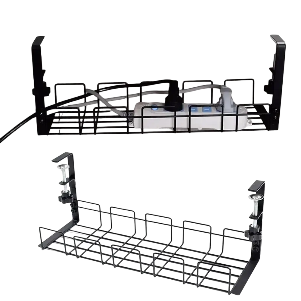 Black metal wire under desk cable management tray with adjustable clamps for organized cable storage