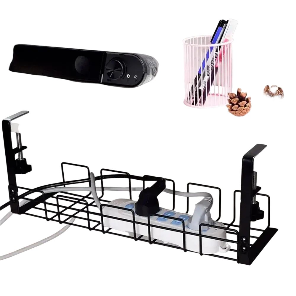 Black metal under desk cable management tray with grid design and adjustable clamps for wire organization