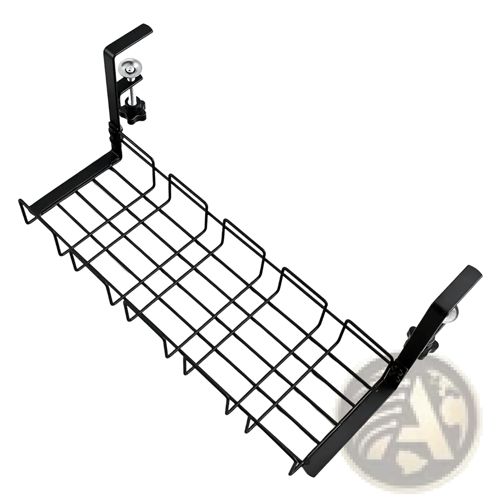 Under desk cable management tray metal wire storage rack black metal wire shelf organizer with adjustable clamps on ends