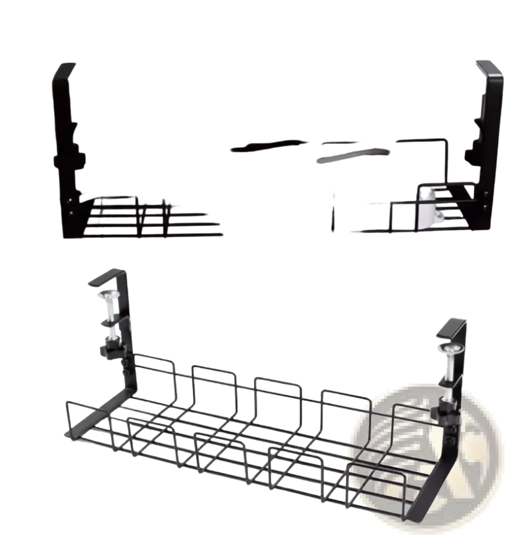 Black metal wire cable management tray with adjustable clamps for under desk wire storage and organization