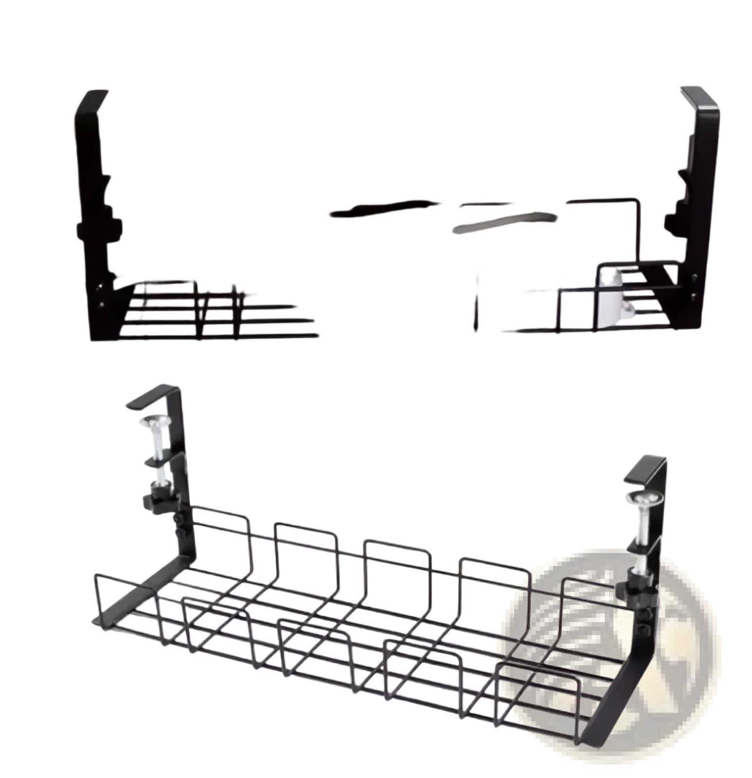 Black metal wire cable management tray with adjustable clamps for under desk wire storage and organization
