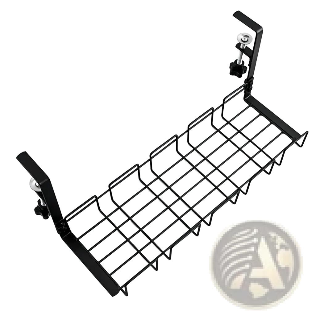 Black metal wire shelf organizer with adjustable clamps for under desk cable management and storage rack use