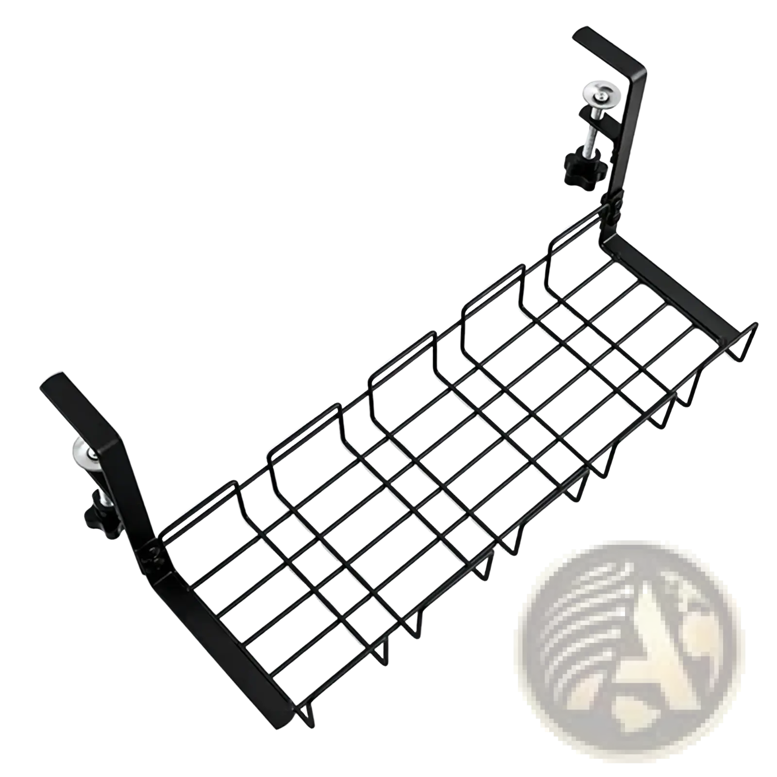 Black metal wire shelf organizer with adjustable clamps for under desk cable management and storage rack use