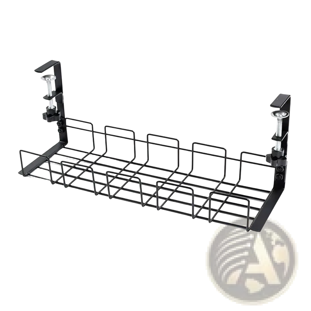 Black metal wire under desk cable management tray with adjustable clamp ends for organized storage and cable routing