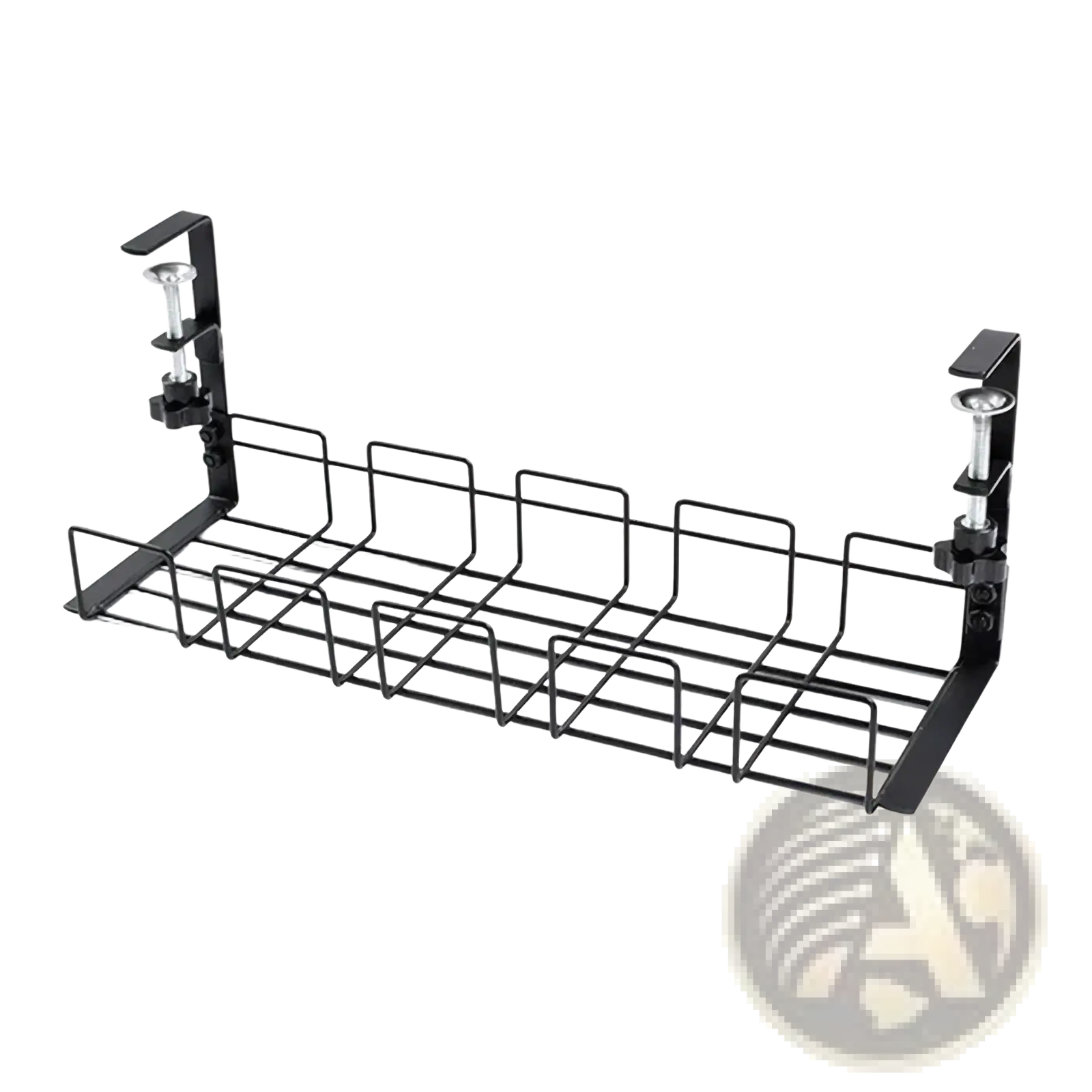 Black metal wire under desk cable management tray with adjustable clamp ends for organized storage and cable routing