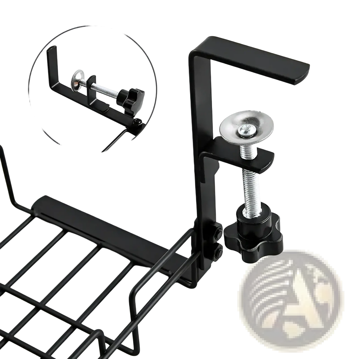 Black metal under desk cable management tray with adjustable clamp and wire mesh basket for storage organization