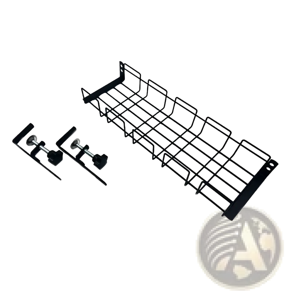 Black metal wire under desk cable management tray with mounting brackets and hardware for organized storage