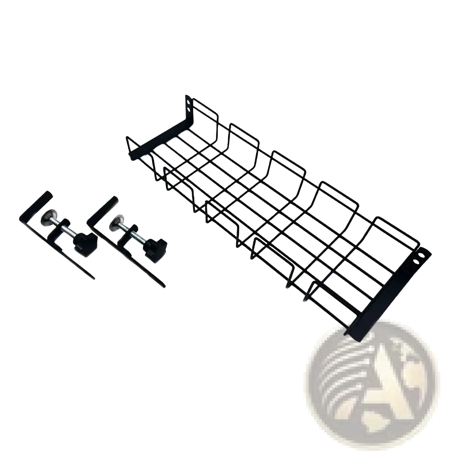 Black metal wire under desk cable management tray with mounting brackets and hardware for organized storage