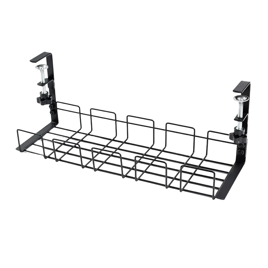 Black metal wire under desk cable management tray with adjustable clamp ends for organized storage and cable routing