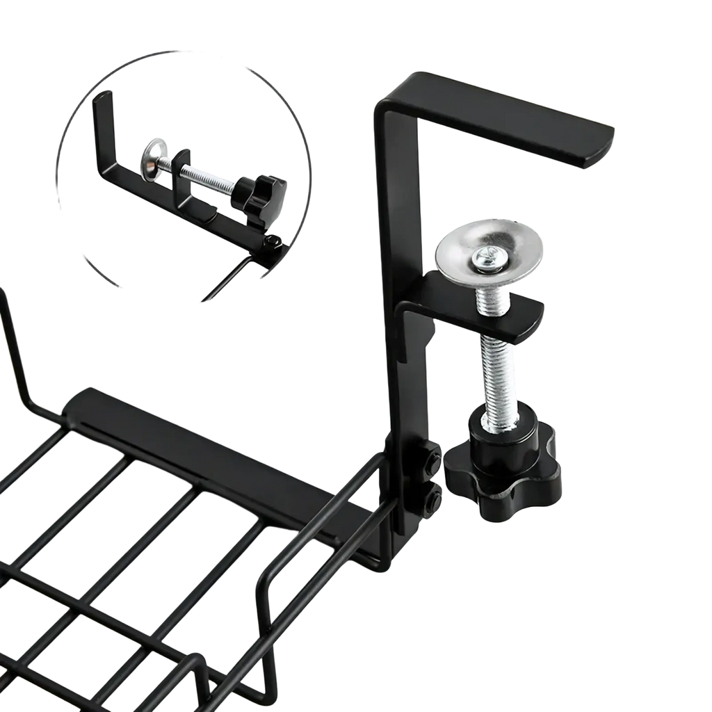 Black metal under desk cable management tray with adjustable clamp and wire mesh basket for storage organization