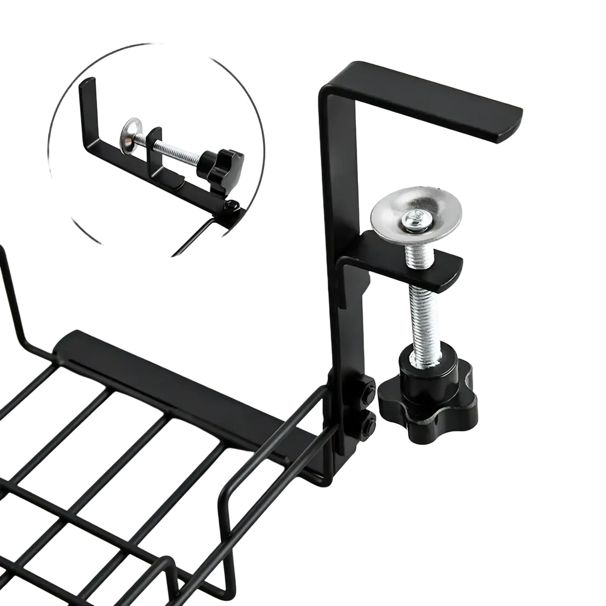 Black metal under desk cable management tray with adjustable clamp and wire mesh basket for storage organization