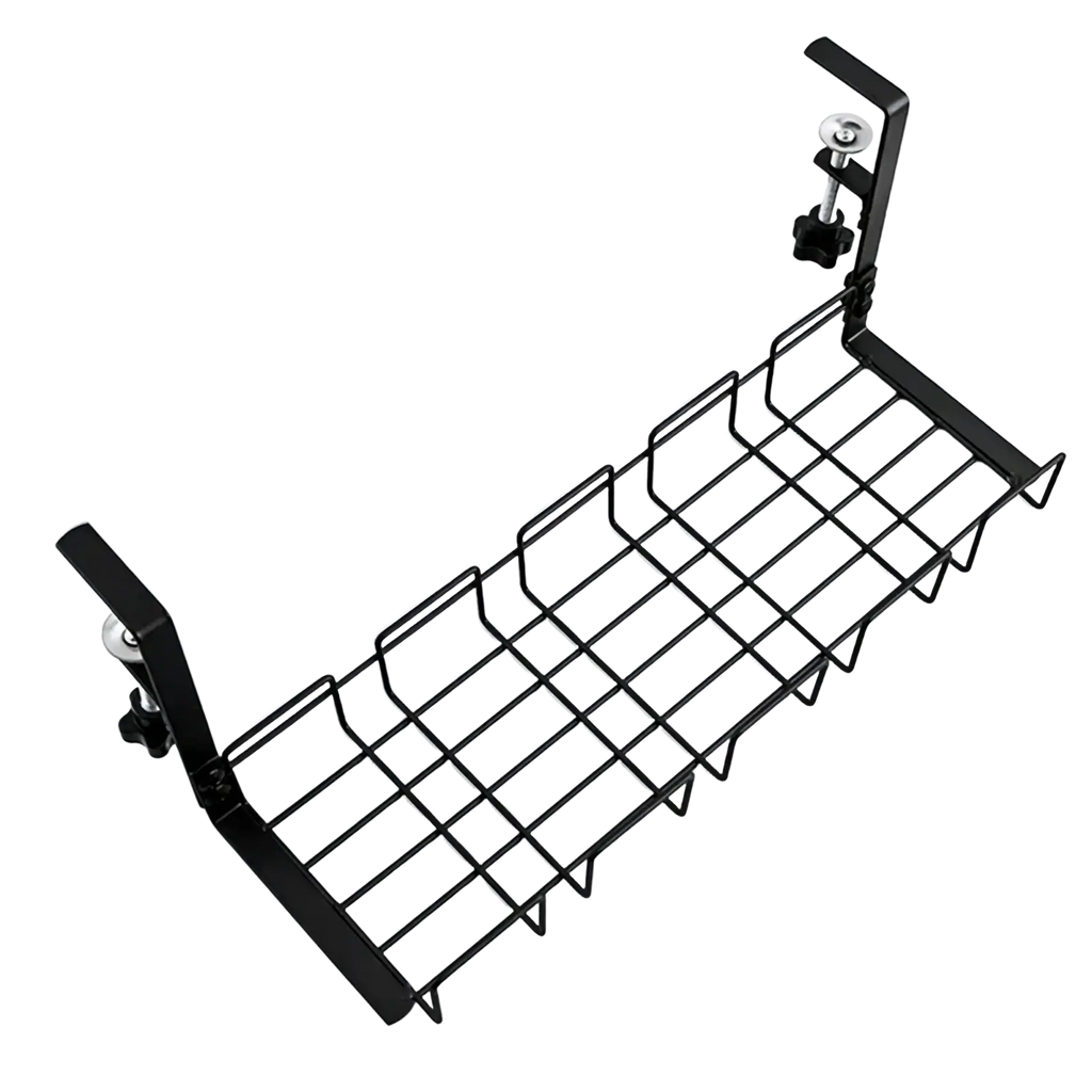 Black metal wire shelf organizer with adjustable clamps for under desk cable management and storage rack use