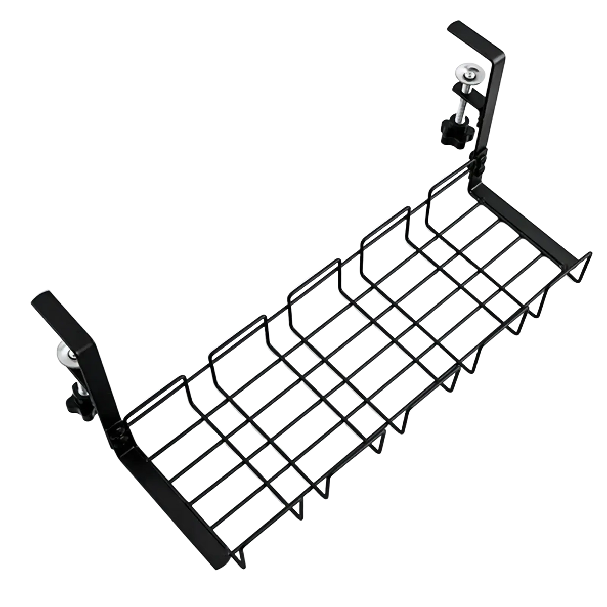 Black metal wire shelf organizer with adjustable clamps for under desk cable management and storage rack use