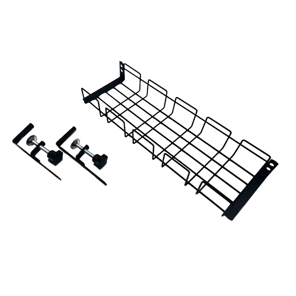 Black metal wire under desk cable management tray with mounting brackets and hardware for organized storage