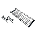 Black metal wire under desk cable management tray with mounting brackets and hardware for organized storage