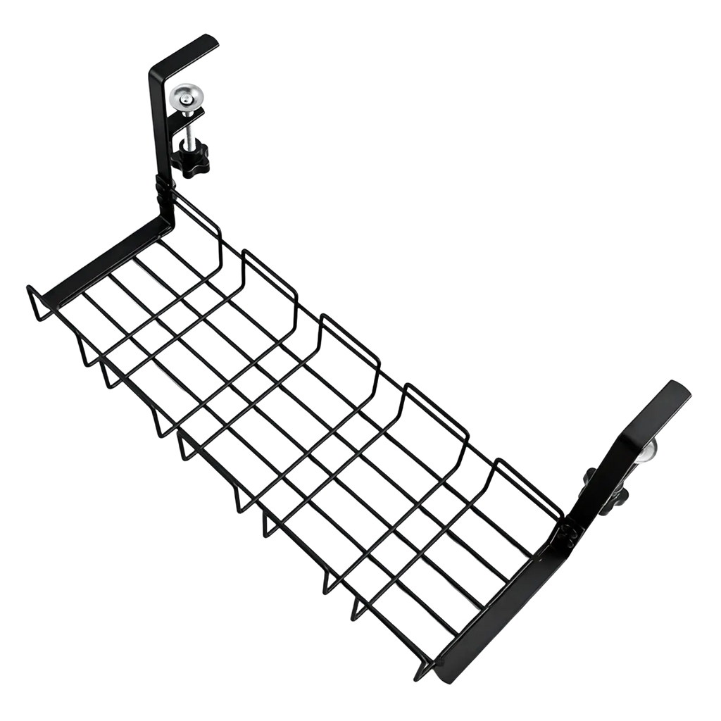Under desk cable management tray metal wire storage rack black metal wire shelf organizer with adjustable clamps on ends