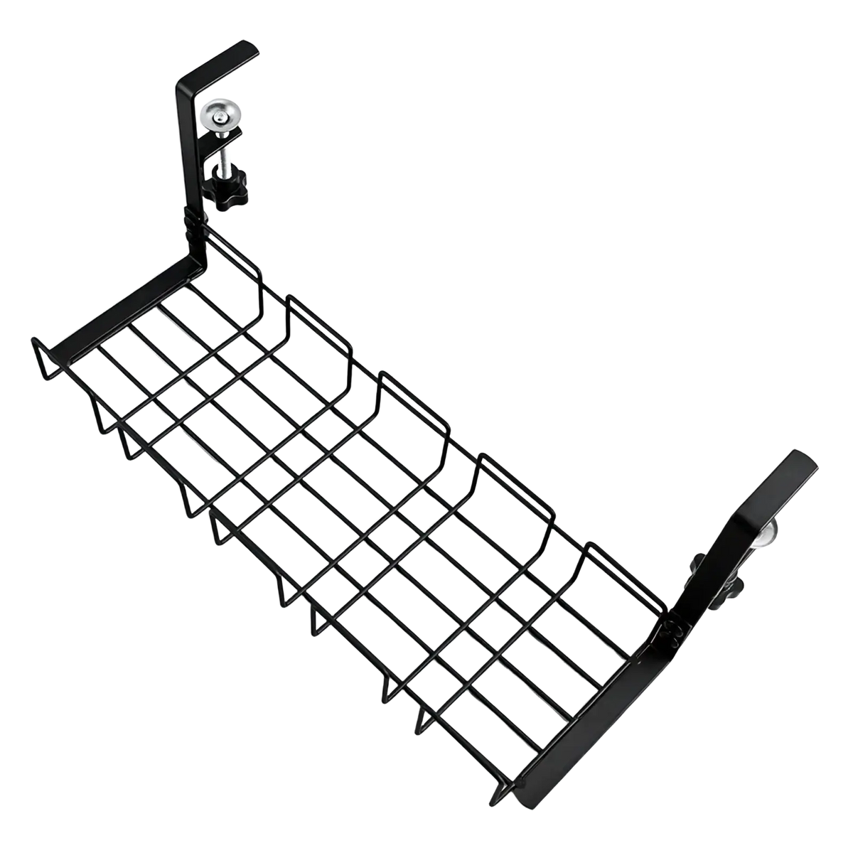 Under desk cable management tray metal wire storage rack black metal wire shelf organizer with adjustable clamps on ends