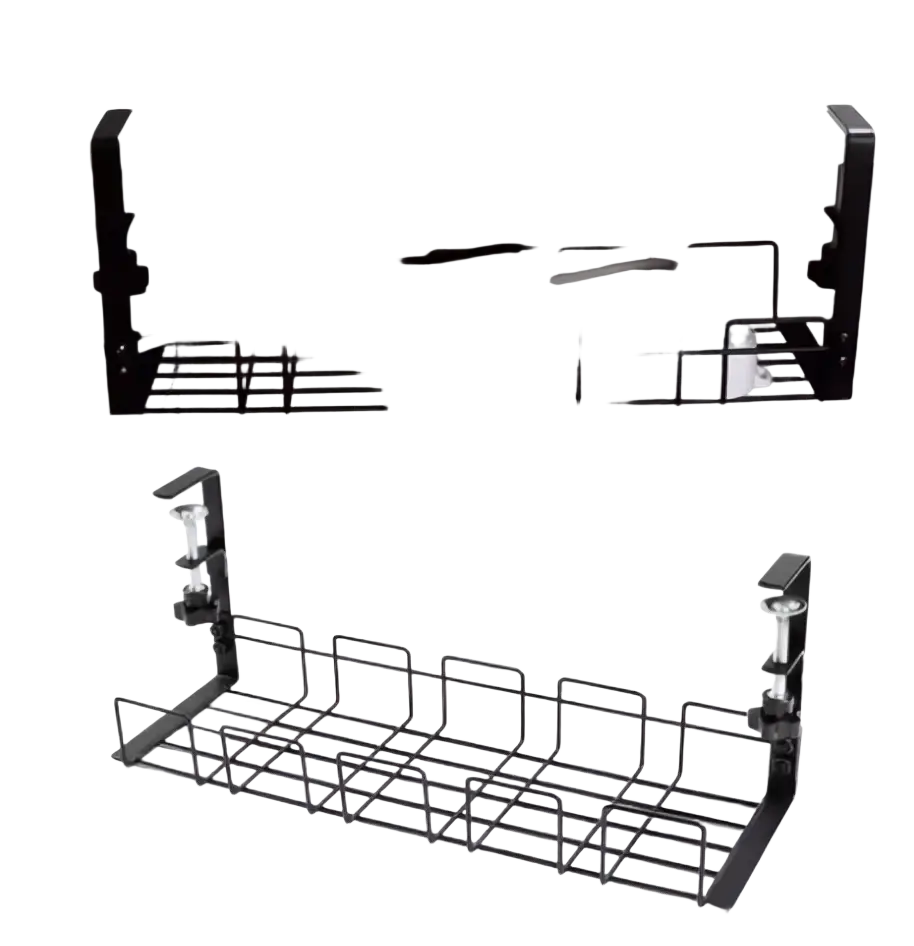 Black metal wire cable management tray with adjustable clamps for under desk wire storage and organization